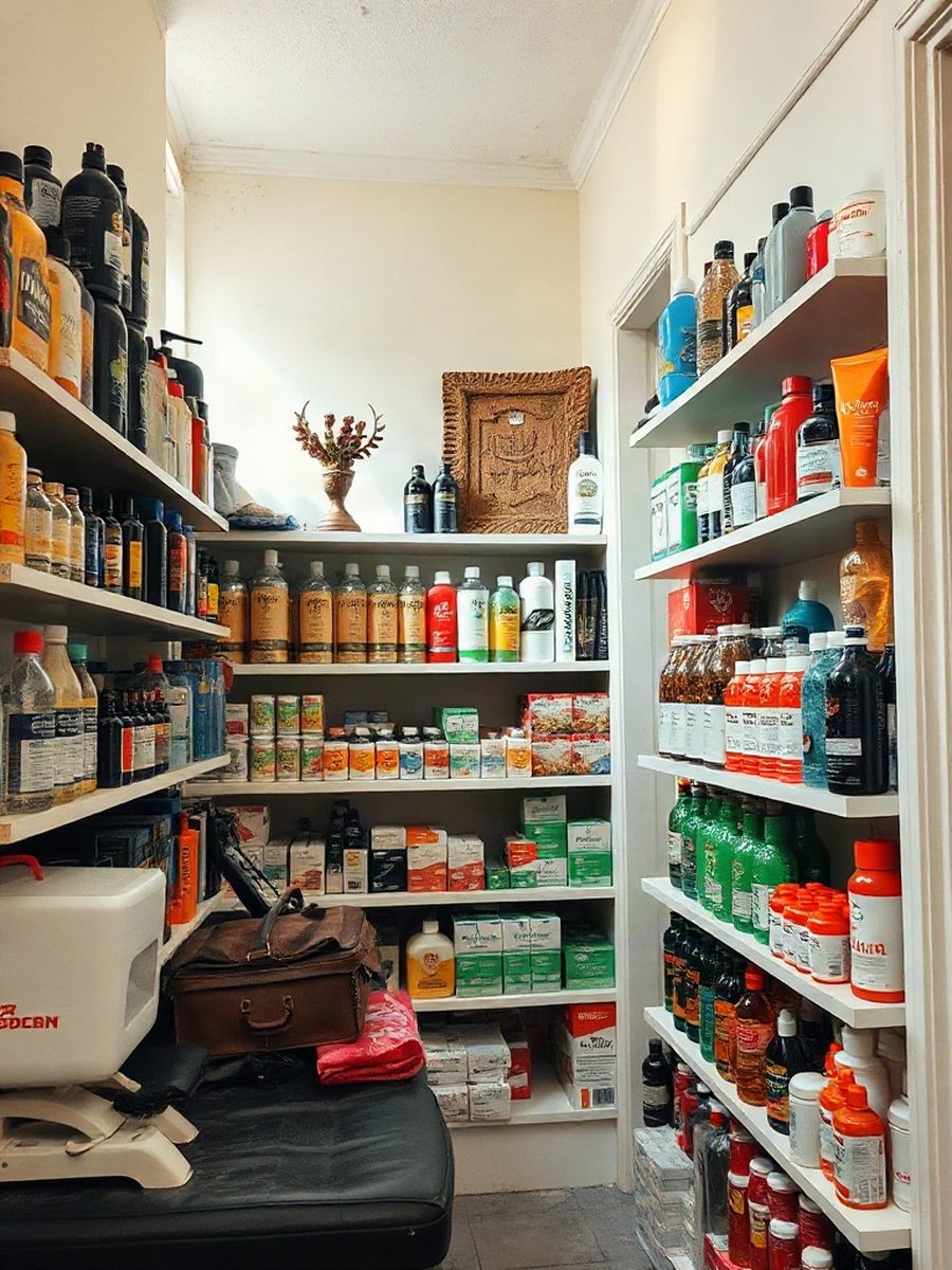 Product shelves stacked floor to ceiling behind the chrome chairs at Rio Vista